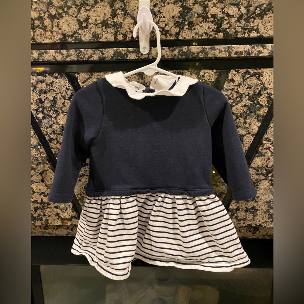 Petit Bateau Long Sleeve Baby Girl Dress Navy Scallop 18m